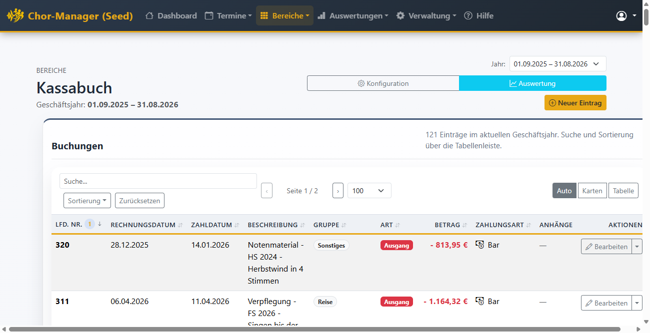 Kassabuch mit Buchungen nach Datum, Beschreibung, Betrag und Zahlungsart