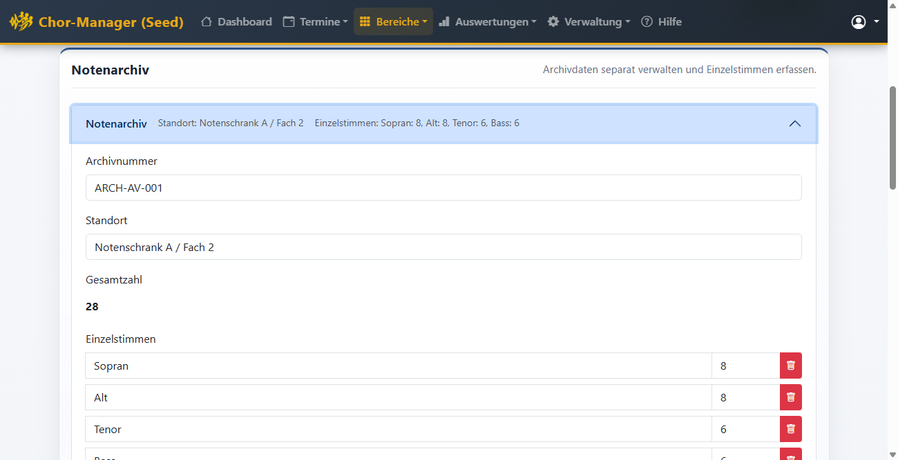 Notenarchiv-Eintrag eines Lieds mit Archivnummer, Standort und Einzelstimmenzahl je Register