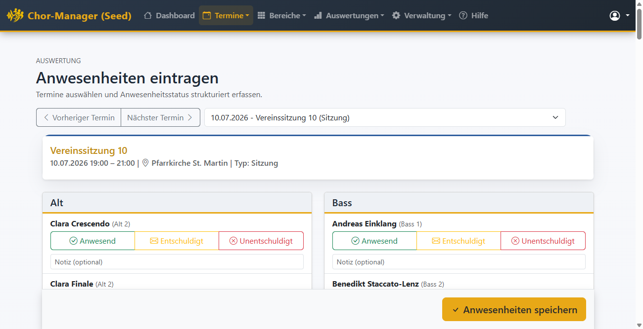 Anwesenheitserfassung für einen Termin mit Status Anwesend, Entschuldigt und Unentschuldigt pro Stimmgruppe